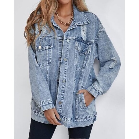 Women's Long Oversized Denim Jacket Ripped Distressed Jean Jackets Light Blue - Picture 3 of 3